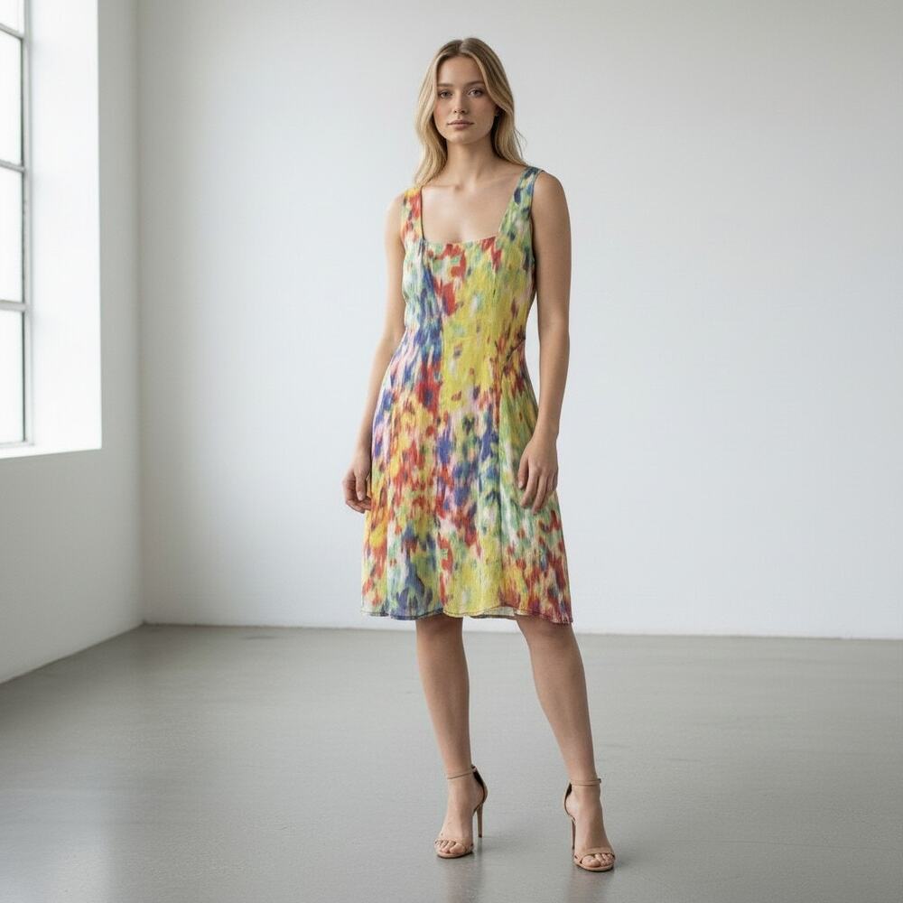 Vintage 90's Andrew Marc Women Watercolor Silk Blend Sleeveless Dress Size 8